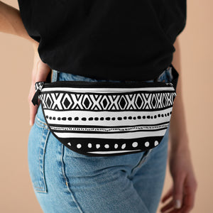 White & Black Etched Style Tribal Art Fanny Pack