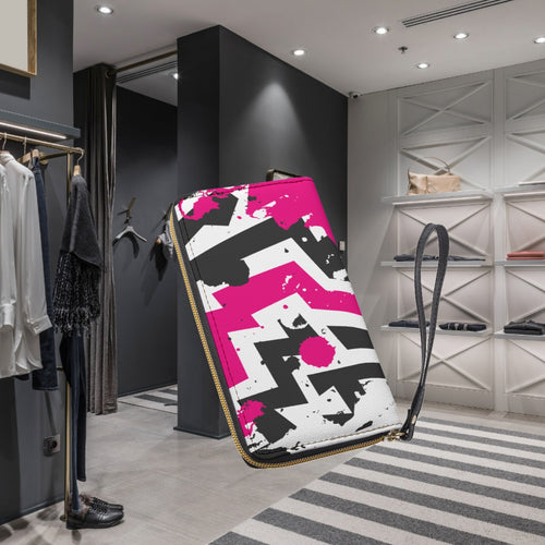Pink Abstract Design Long Wallet/Phone Carrier With Black Hand Strap