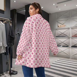 Pink Designer Women's Borg Fleece Stand-up Collar Coat With Zipper Closure Over Sized
