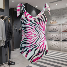 Cargar imagen en el visor de la galería, Designer Animal Print Zebra Pink Women&#39;s Tie Shoulder One-piece Padded Swimsuit
