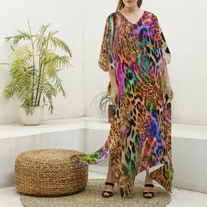 Tribal Art Animal Print Women's Imitation Silk V-neck Kaftan Robe