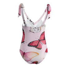 Load image into Gallery viewer, Pink Butterfly Women&#39;s Tie Shoulder Onepiece Padded Swimsuit
