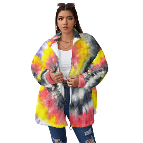 Designer Tye Dyed Unisex Borg Fleece Stand-up Collar Coat With Zipper Closure(Plus Size)