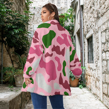 Load image into Gallery viewer, Pink Camouflage Designer Women&#39;s Borg Fleece Stand-up Collar Coat With Zipper Closure(Plus Size)