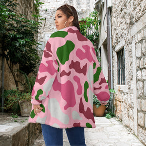 Pink Camouflage Designer Women's Borg Fleece Stand-up Collar Coat With Zipper Closure(Plus Size)