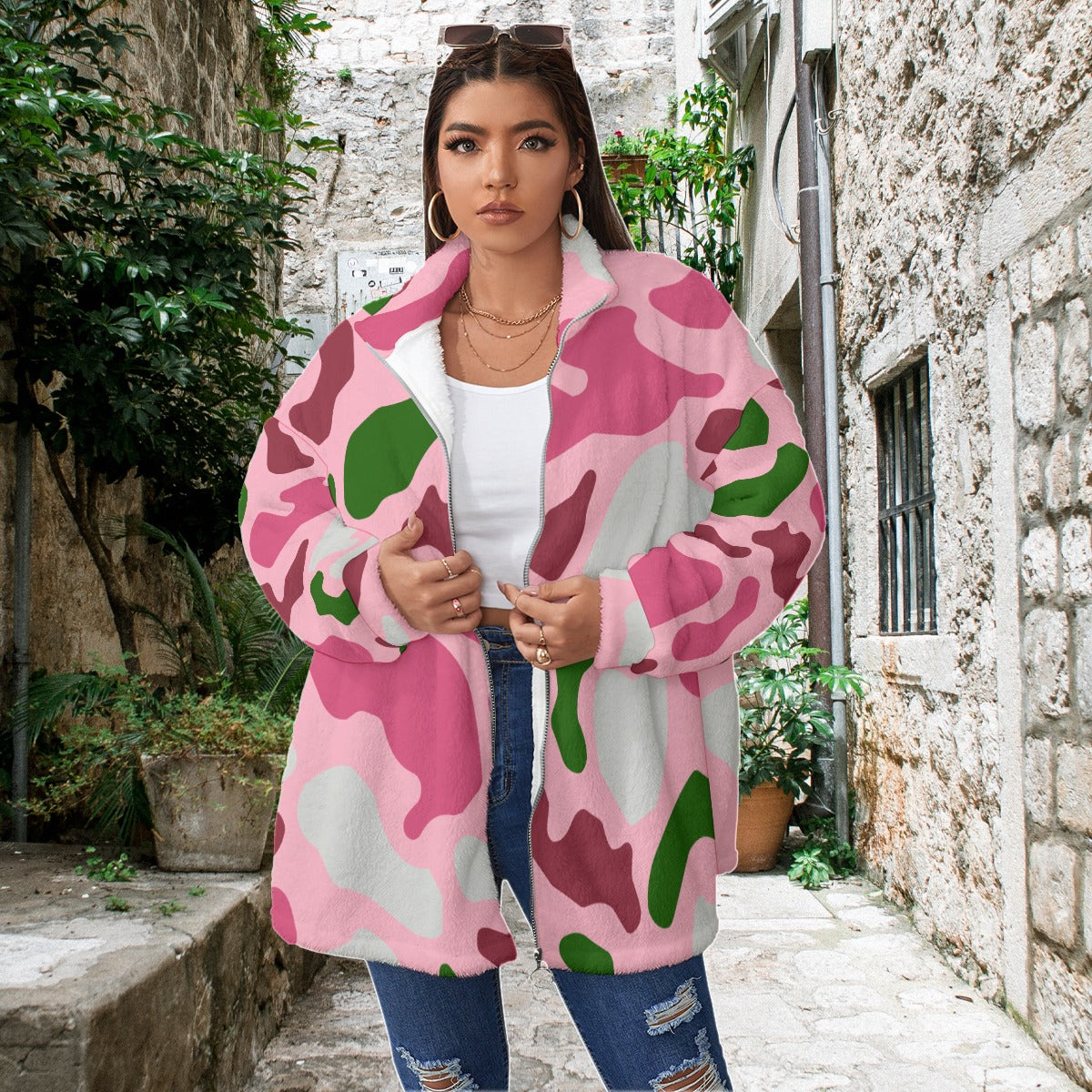Pink Camouflage Designer Women s Borg Fleece Stand up Collar Coat With Zipper Closure Plus Size Ethnic Twist Designs LLC