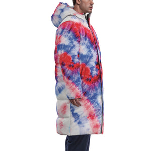 Designer Tye Dye Red, White & Blue Unisex Long Down Jacket