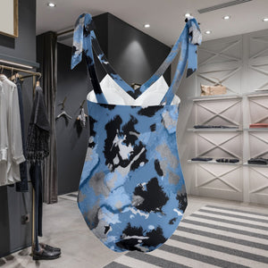 Blue Animal Print Designer Women's Tie Shoulder Onepiece Padded Swimsuit