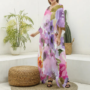 Watercolor Flowerful Women's Imitation Silk V-neck Kaftan Robe