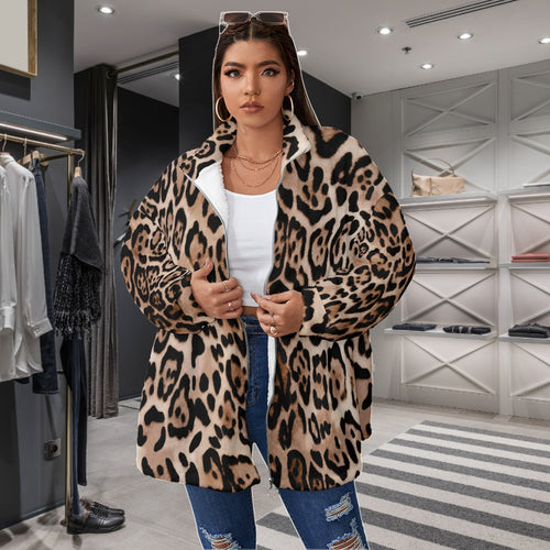 Wildn Animal Print Designer Women's Borg Fleece Stand-up Collar Coat With Zipper Closure(Plus Size)