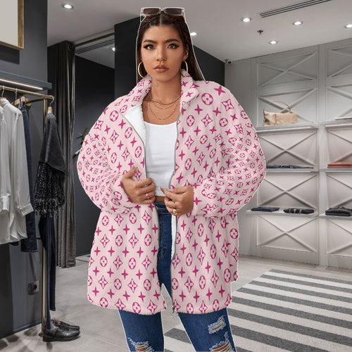 Pink Designer Women's Borg Fleece Stand-up Collar Coat With Zipper Closure Over Sized