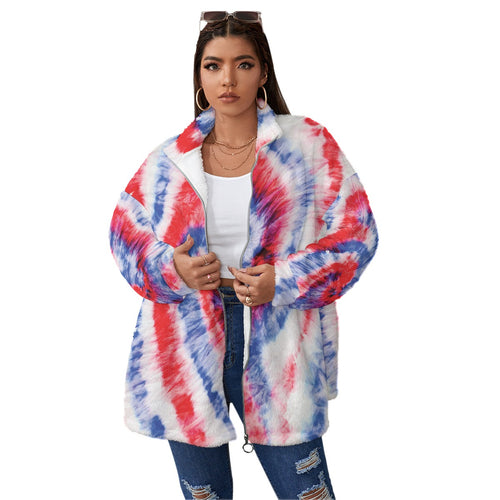 Designer Red, White & Blue Unisex Borg Fleece Stand-up Collar Coat With Zipper Closure(Plus Size)