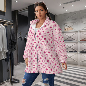 Pink Designer Women's Borg Fleece Stand-up Collar Coat With Zipper Closure Over Sized