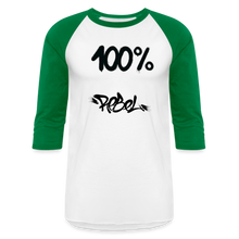Load image into Gallery viewer, Unisex 100% Rebel Baseball T-Shirt - white/kelly green